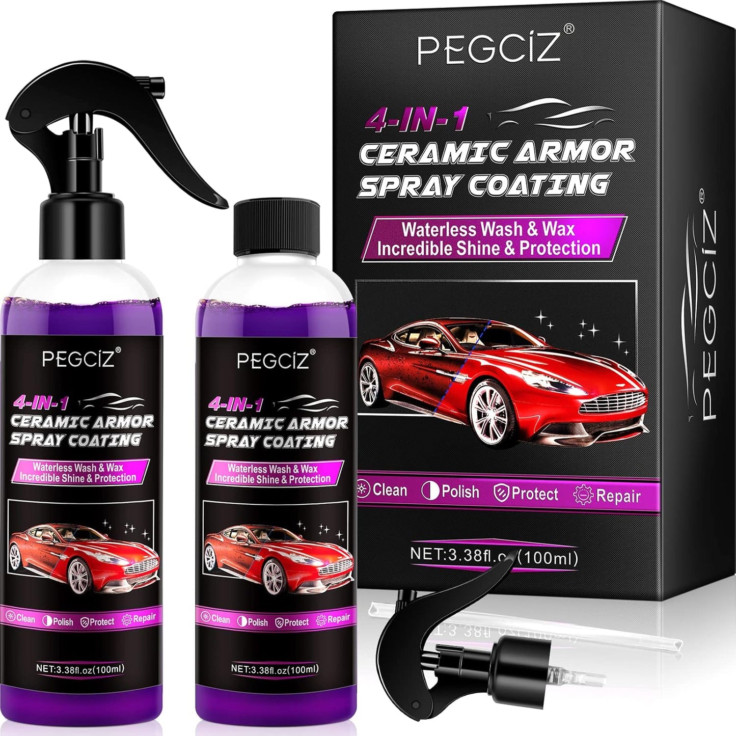 Premium Wax Spray Ceramic Spray Coating Waterless Car Wash Cleaner 4 in 1 Car Nano Headlight Repair Cleaner Scratch Remover Car Wax Polish Spray for Cars, Motorcycles, 100Ml (100Ml*2)