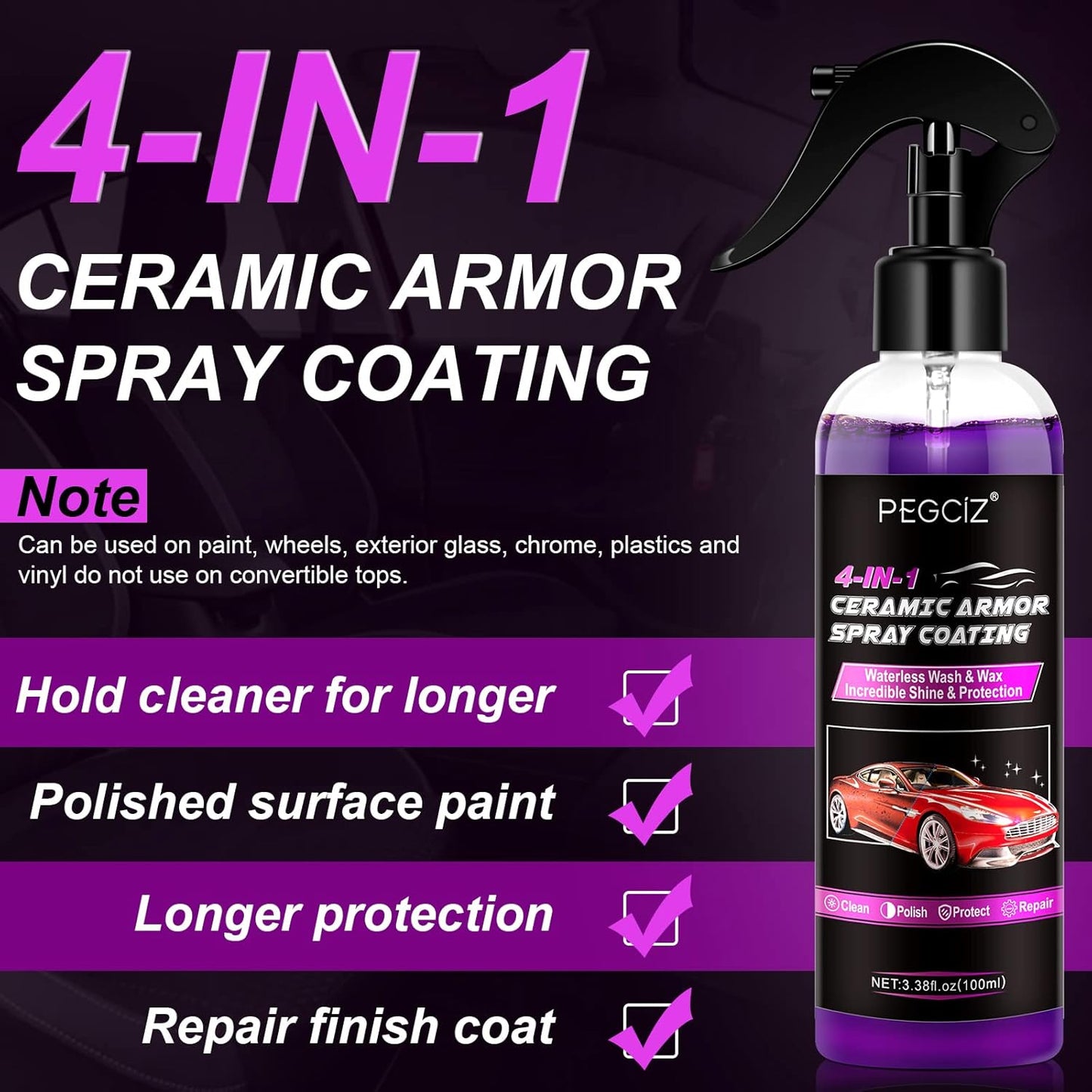 Premium Wax Spray Ceramic Spray Coating Waterless Car Wash Cleaner 4 in 1 Car Nano Headlight Repair Cleaner Scratch Remover Car Wax Polish Spray for Cars, Motorcycles, 100Ml (100Ml*2)